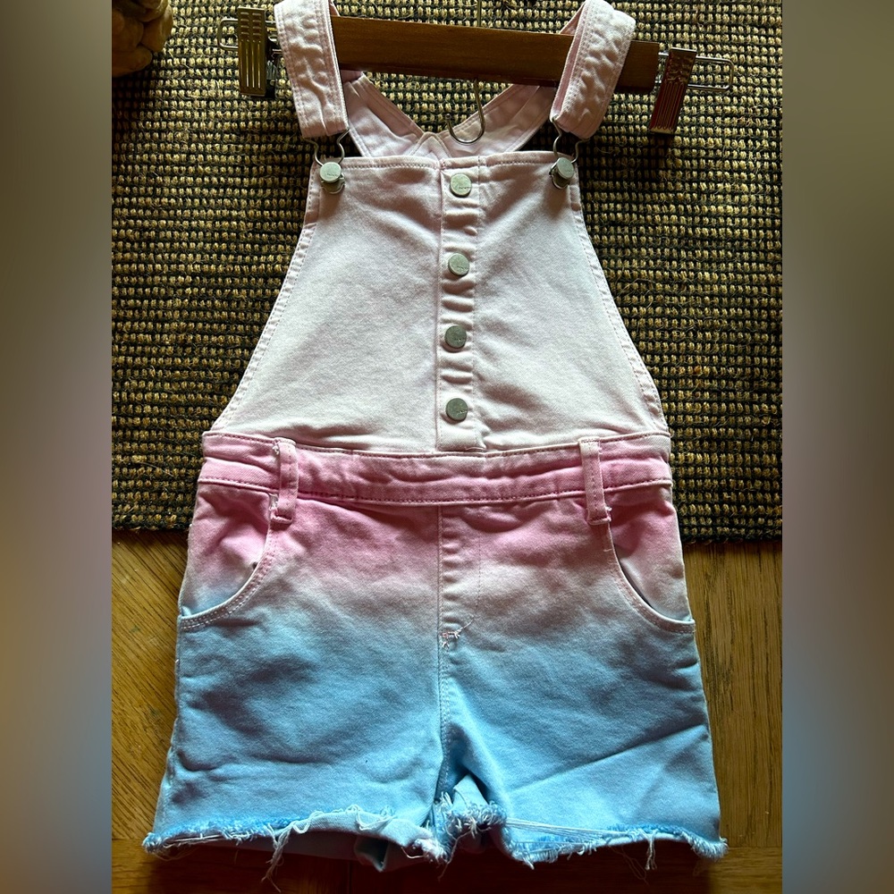 Multicoloured pink and blue pastel fashion forward distressed overalls, size 5